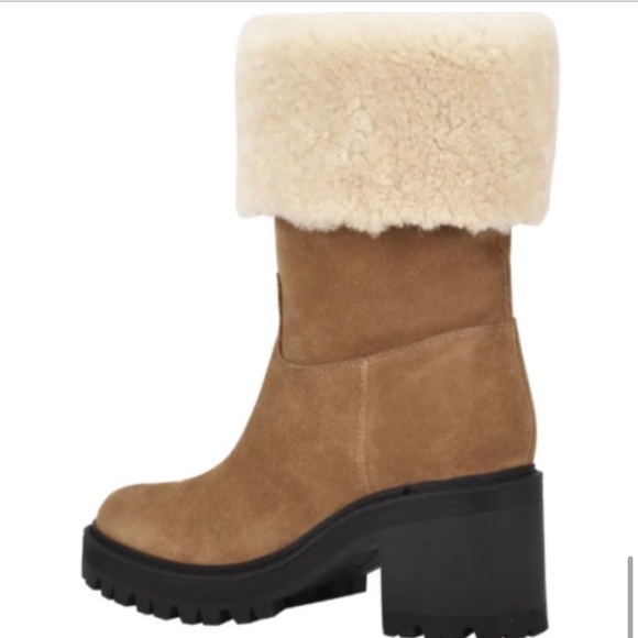 NWT Marc Fisher Willoe 100% Genuine Shearling Trim Lug Sole Boot Natural Suede - Picture 6 of 7